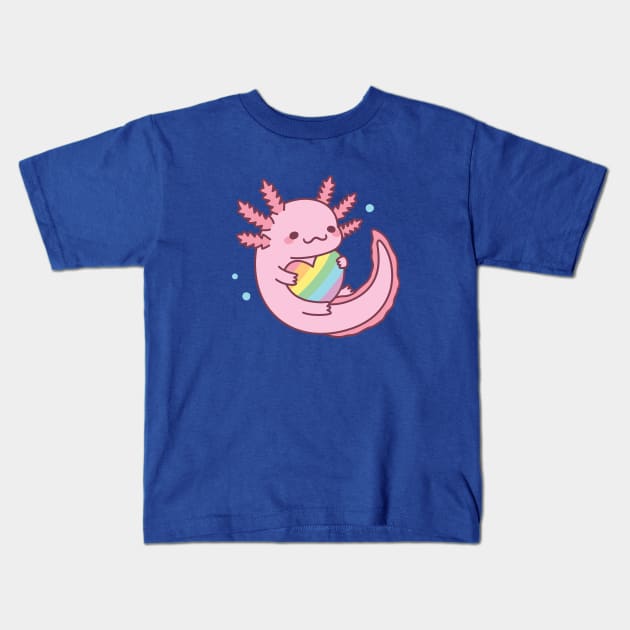 Cute Axolotl Hugging Rainbow Heart Kids T-Shirt by rustydoodle